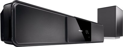 Sort Philips HTS-6120 soundbar med basrør, set forfra i perspektiv
