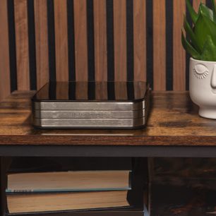 Integreret hi-fi stereo forstærker Electrocompaniet RENA SA-2, set forfra, rektangulært kabinet, glat overflade, træhylde, hvid potte, grøn plante, stablede bøger