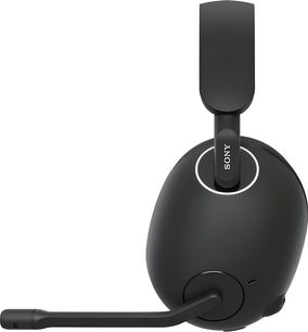 Auriculares gaming Sony Inzone H9 negros de plástico mate, vista lateral de un único auricular ovalado con micrófono articulado y un fino ribete circular blanco