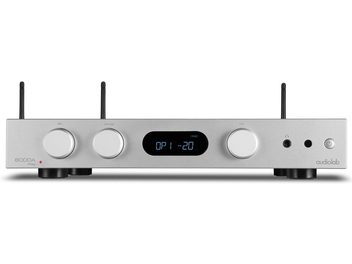 Stereo integrert hi-fi-forsterker Audiolab 6000A Play sølv med rektangulær front, 4 sirkulære knapper, sentralskjerm og 2 antenner