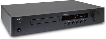 NAD C568 graafitvärvi CD-mängija, esivaatest, must esipaneel sinise ekraaniga, 6 nuppu ja CD-sahtliga