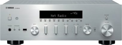 Yamaha R-N600A integreret stereo hi-fi-forstærker i sølv, børstet aluminium, forsidevisning, knapper og skyder, hovedtelefon- og USB-stik