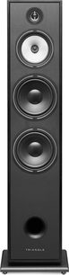 Diffusore da pavimento Triangle Borea BR10 nero, vista frontale, 4 altoparlanti circolari allineati verticalmente su cabinet nero opaco