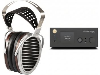 Cuffie audiophile HiFiMAN HE1000 argento e nero a padiglioni aperti con amplificatore Gold Note HP-10 nero