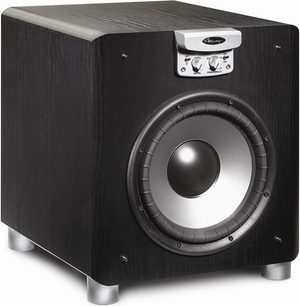 Mirage Omni S10 black subwoofer, front view, silver circular speaker, controls on top