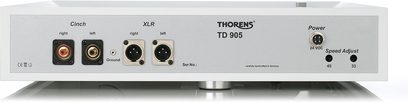 Hi-fi gramofon Thorens TD 905 antracit, čelní pohled, konektory vlevo, raménko vpravo