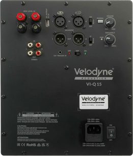 Sort Velodyne VI-Q 15 subwoofer set bagfra med panel til lydtilslutninger og justerbare betjeningsknapper