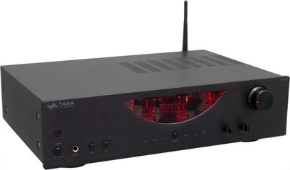 Sort Taga Harmony HTA-800B hi-fi stereoforstærker, frontpanel med knapper, stik og røde indikatorlys, set forfra
