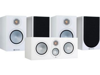 Pięć głośników Monitor Audio Silver 50 7G w kolorze białym satynowym, dwa duże i trzy małe, widok z przodu na białym tle