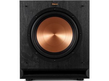 Klipsch SPL-100 baslåda, frontvy, svart texturerat kabinett, cirkulär kopparhögtalare, svart kant, synliga fötter