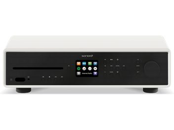 Sonoro Maestro alt-i-ett høyttalersystem i matt hvitt og svart, frontvisning, fargeskjerm, knapper
