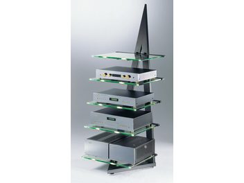 Schroers & Schroers Alphastatic Hi-Fi-møbel i glas og sort metal, 5 hylder med audiokomponenter, set forfra