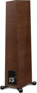 Paradigm Founder 80F floorstanding speaker in walnut finish, front view at three-quarter angle. Vertically grained wood cabinet, black grille