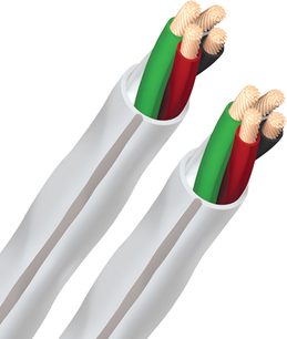 Dois cabos elétricos brancos com bainha isolante transparente e condutores vermelho e verde, vistos em corte longitudinal