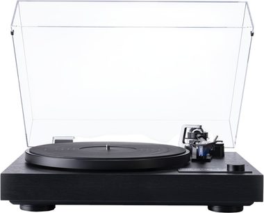 Platine vinyles hi-fi Dual CS 618 Q noire en bois et métal, plateau circulaire noir, bras de lecture noir à cartouche bleue, capot antipoussière transparent relevé, bouton rotatif avant droit, vue de face
