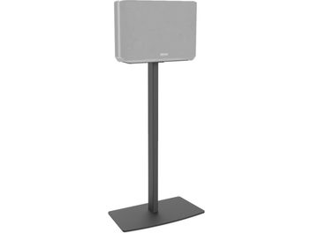 Cavus CSDH 250 black speaker stand, vertical metal structure on a rectangular base, with a gray Denon Home 250 speaker placed on top