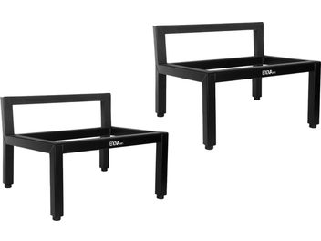 Two black metal Enova HIFI Vintage Metal Stand 20 speaker stands, rectangular frame with four legs, rear crossbar, and front logo, perspective view