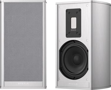 Premium trådløs tilkoblet høyttaler 301 Wireless Gen2 sølv, sett forfra og fra siden, perforert grill, svart sirkulær høyttaler