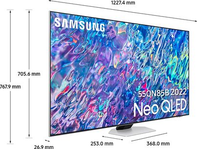 Televizor Samsung QE55QN85B 2022 Neo QLED, plochý obdélníkový displej zobrazující abstraktní barevný obraz, pohled zepředu