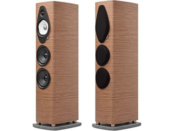 Sonus Faber Sonetto V G2 grīdas skaļrunis valrieksta apdarē, priekšskats ar un bez melniem pārsegiem, uz tumša pamatnes