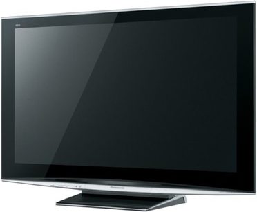 Panasonic TH-42PZ800 sort fladskærms-TV, sort, set lidt fra siden forfra, stående på foden