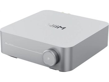 Stereo hi-fi ojačevalnik WiiM AMP silver s pravokotnim ohišjem z zaobljenimi vogali, okroglim gumbom na sprednji strani