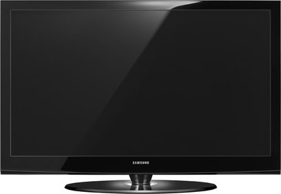 50 tommer sort Samsung PS50A456 fladskærms-TV set forfra, slukket, på metalstativ