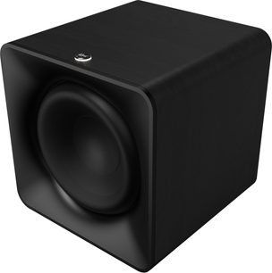 Subwoofer Klipsch Sub 200 nero, con altoparlante rotondo sul frontale e angoli arrotondati, visto di tre quarti