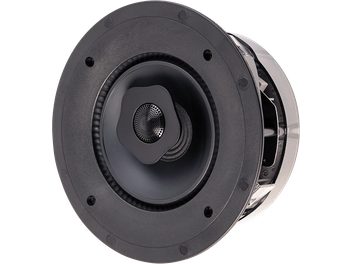 Griestos iebūvējams skaļrunis E65-R v2, priekšējais skats, apaļa forma, melns apdares veids, centrālais tvīters, perforēta mala