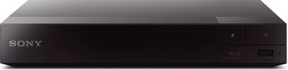 Sony BDP-S1700K 4K Blu-ray-afspiller sort front med logo, tænd/sluk-knap, USB-port og Blu-ray-symbol synlige
