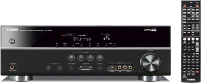 Yamaha YHT-398 sort hjemmebiografsystem, set forfra, med blåt display, sølvfarvede knapper og drejeknapper, USB-port