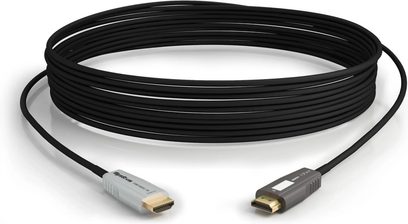 Wyrestorm CAB-HAOC-30-C HDMI-kabel, sort, set forfra, rullet op i en spiral, sølvfarvede HDMI-stik i enderne