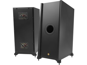 Subwoofer Gold Note czarny mat, widok z przodu i z tyłu, okrągły port bass-reflex z przodu i zaciski z tyłu