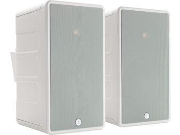 Dos altavoces para exteriores Monitor Audio Climate 80 de color blanco, vistos de frente, con rejillas metálicas rectangulares