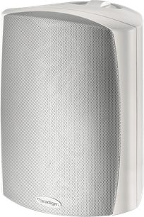 Cassa da esterno Paradigm Stylus 270 bianca, vista frontale, griglia perforata rettangolare arrotondata, corpo liscio, logo visibile