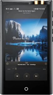 Cayin N7 audiophile music player in black metal, front view, large full-surface touchscreen, white circular touch button at the bottom, prominent gold volume wheel on top, side buttons on the right side