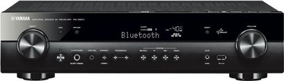 Yamaha RX-S601 Schwarz Heimkino-Verstärker, Frontansicht, schwarze Frontblende mit Tasten und LED-Anzeige "Bluetooth", 2 silberfarbene Drehregler
