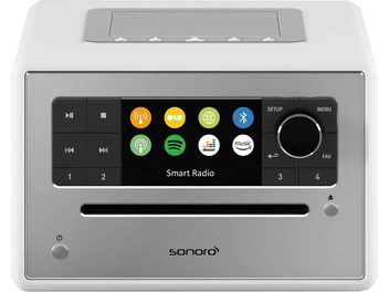 Radio da tavolo Sonoro Elite bianco lucido e argento, pannello frontale con display a colori, pulsanti, altoparlante sulla parte superiore