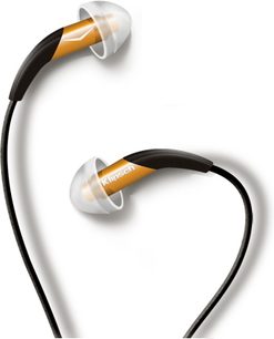 Åbne hi-fi hovedtelefoner Klipsch Image X10 i sort og orange, set fra siden, hovedtelefoner vippet fremad, buet hovedbøjle