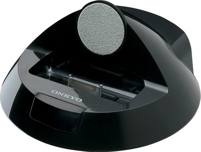 Onkyo DS-A2 sort multimedieanlæg set ovenfra, rundt metalgitter, dock til mobilenhed