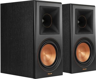 Et par sorte Klipsch RP-600M reolhøjttalere i sort, sort horn og kobberfarvet basenhed