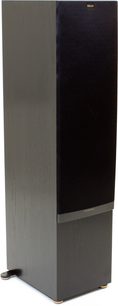 Sloupcový reproduktor Klipsch RF-7 MkII v černé barvě, pohled zepředu a z boku, tmavý dřevěný kryt, černé reproduktory