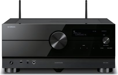 Ampli home-cinéma Yamaha RX-A4A noir, vue de face, 2 boutons rotatifs, 4 boutons poussoirs, afficheur numérique central