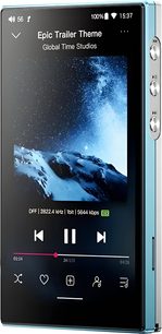 Lettore audiophile FiiO JM21 MKII blu, schermo tattile nero con interfaccia musicale e pulsanti laterali