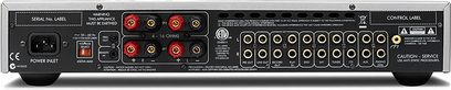 Arcam FMJ-A28 stereo hi-fi forstærker, bagside, audio- og strømtilslutninger, justeringskontroller, nærbillede
