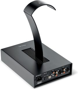 Focal Arche sort forstærker til hovedtelefoner, sort, set fra siden med stik og knapper på forsiden, buet holder til hovedtelefoner