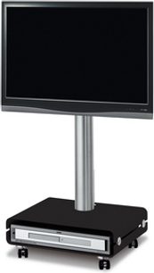 Černý TV stolek s držákem na plochou obrazovku, z kovu a skla, na kolečkách, v moderním minimalistickém stylu