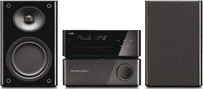 Mini sistema hi-fi Harman Kardon MAS 101 nero composto da un diffusore, un lettore CD e un amplificatore, visto frontalmente