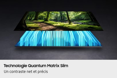 Konceptuel illustration i skrå vinkel af en ultratynd sort fladskærm i glas, der viser en skov, ophængt over en matrix af blå LED-bagbelysning med lodrette lameller