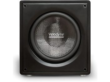 Subwoofer Velodyne VI-Q 10 negro, vista frontal con altavoz circular de cono metálico texturizado